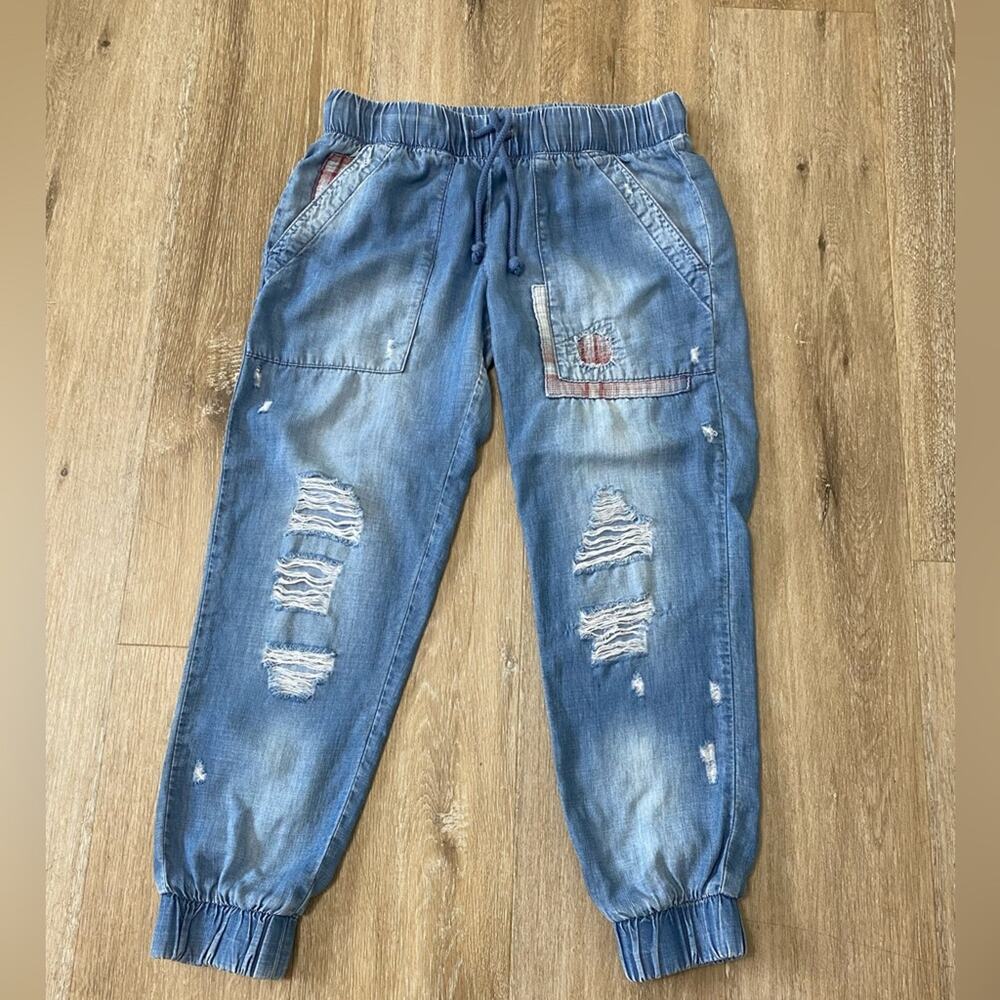 Bella Dahl Blue Distressed Ripped High waist Bohemian Hipsters Denim Joggers XS